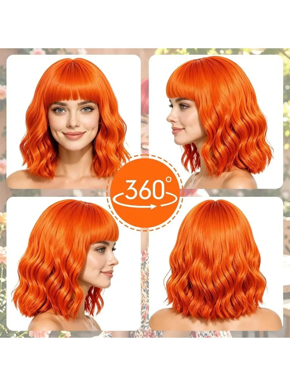 Women's Orange Curly Bob Synthetic Wigs Bangs With Neon Heart Sunglasses